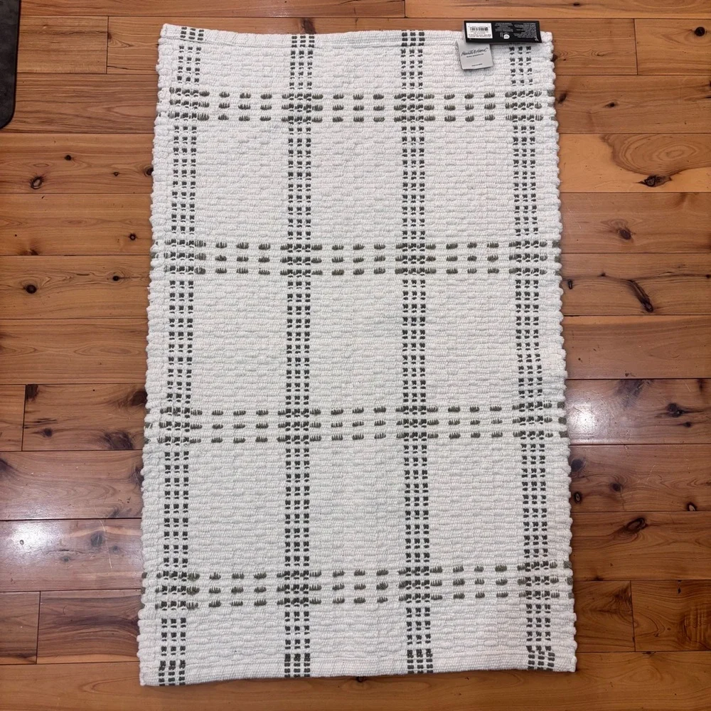 Hearth & Hand Cream and pale olive green open plaid Bath Rug machine washable